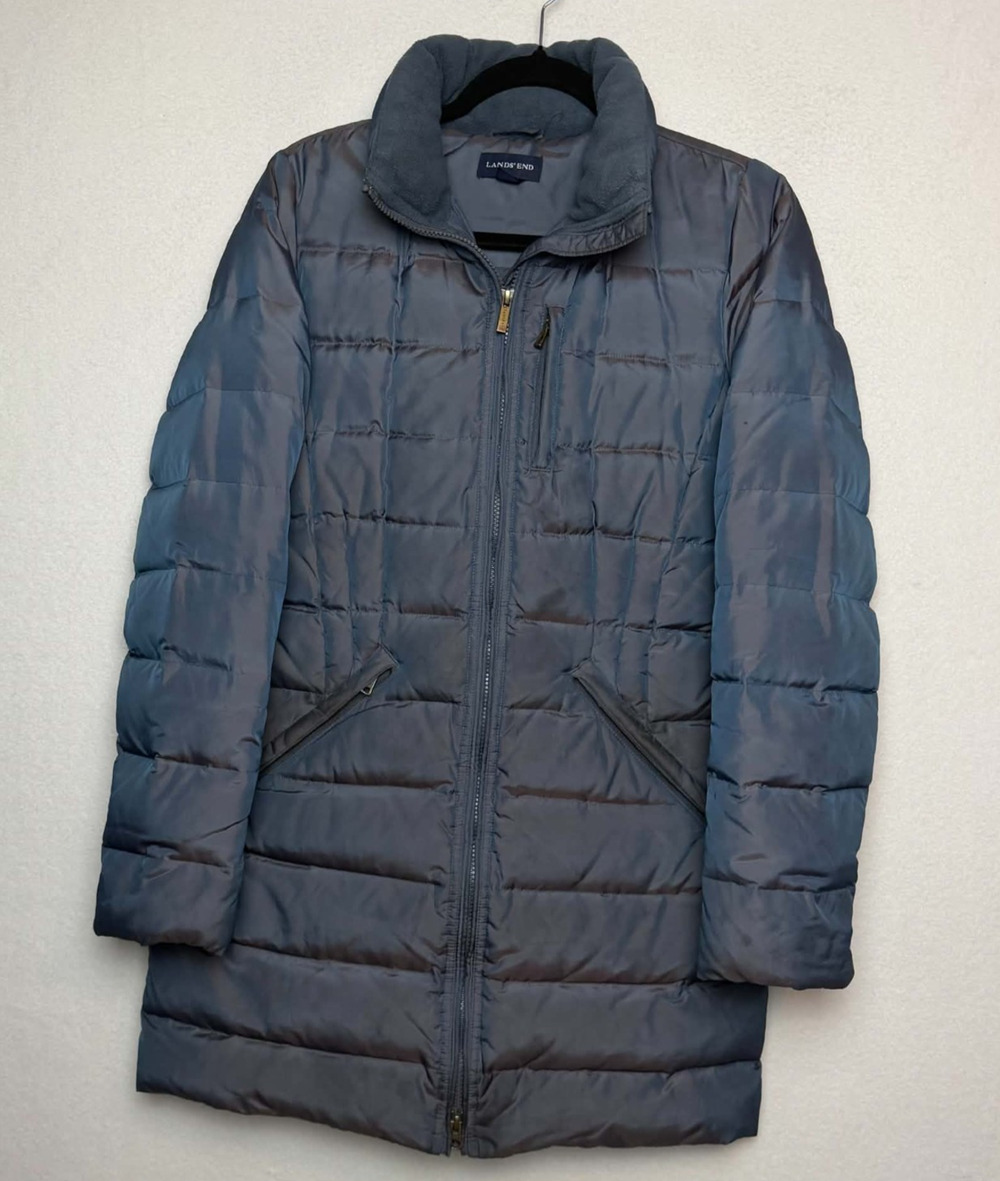Lands' End Down Puffer Winter Coat Mid-Length Gray Iridescent Full Zip Size XS